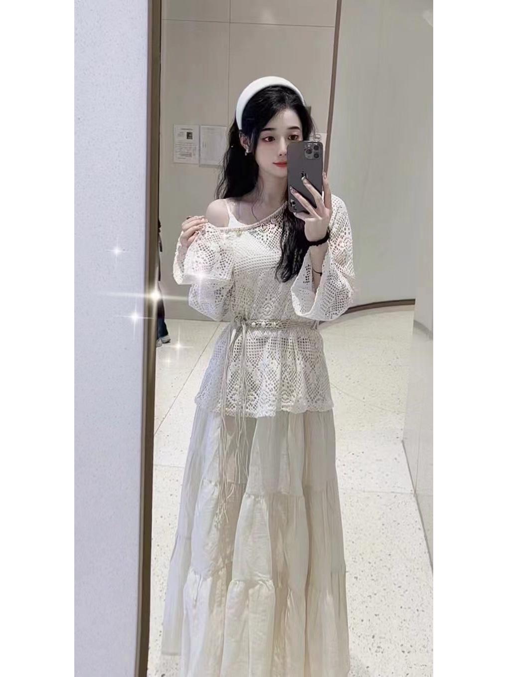 

Весна 2025 Соль Стиль Двойка: Кардиган с вырезами, подчеркивающий талию, и свободные брюки Medium белый/бежевый