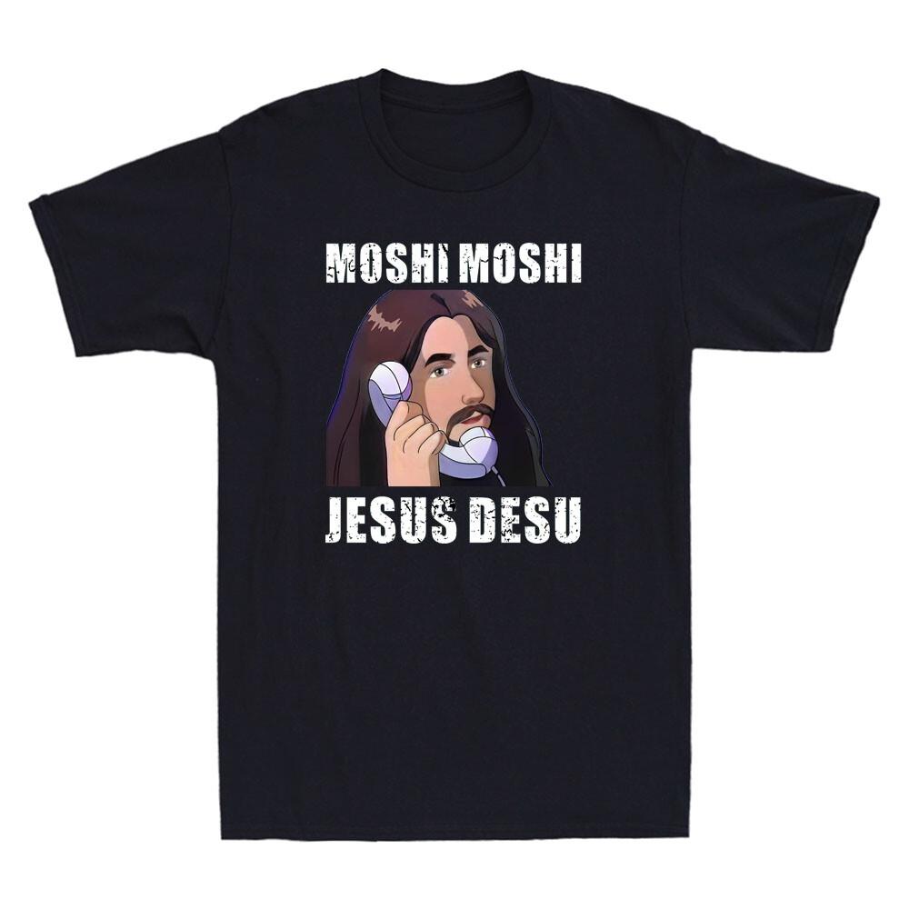 Moshi Moshi Jesus Desu Funny Jesus Calling Meme Humor Quote Retro Men T-shirt XL