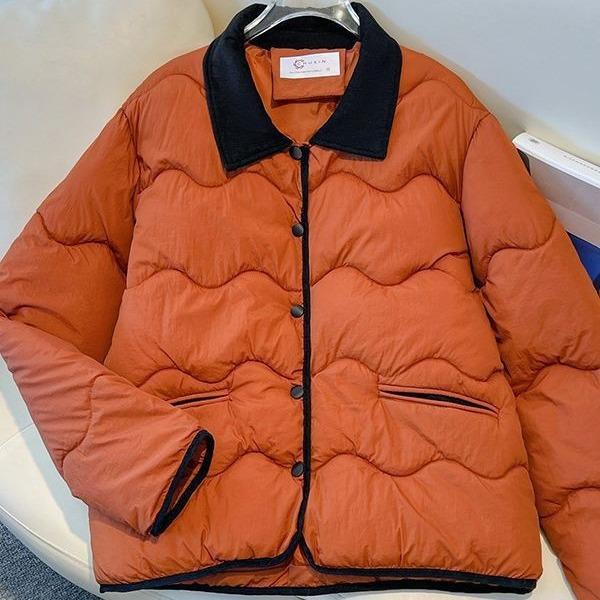 Small Fragrance Korean Version of Contrast Seam Cotton-padded Jacket Short Autumn and Winter Short Retro Lapel Thin Padded Jacket.