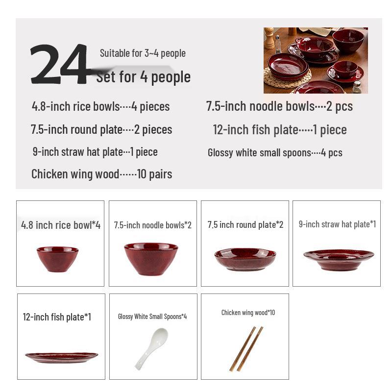 Set di Stoviglie in Ceramica Rossa Cotto in Forno: Ciotole, Piatti e Piatti in Stile Retrò con Decorazioni Sottosmalto per Uso Domestico.