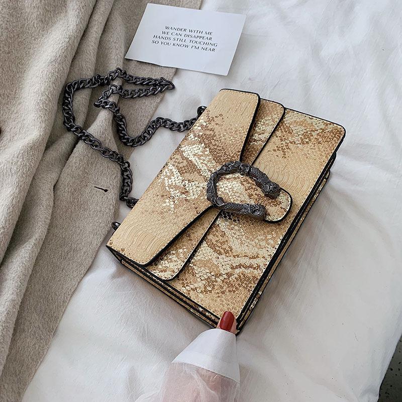 

Жіноча сумка зі зміїним візерунком, осінь, нова маленька квадратна сумка на ланцюжку, європейська та американська модна жіноча сумка зі зміїної шкіри, персоналізована жіноча сумка через плече жовтий