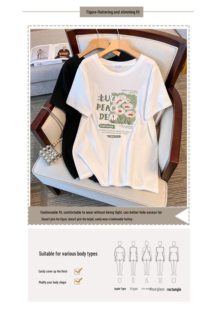 Plus Size Slimming Mid-Length Round Neck T-Shirt for Women (Short-Sleeved) 