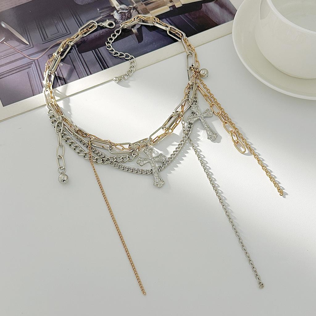 Hip-Hop Style Cross Pendant Necklace, Design Sense Metal Chain Fringed Collarbone Necklace Women