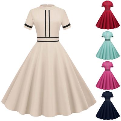 Vestido de Moda Vintage de Color para Mujer, Manga Corta, Cuello Alto, para Fiesta