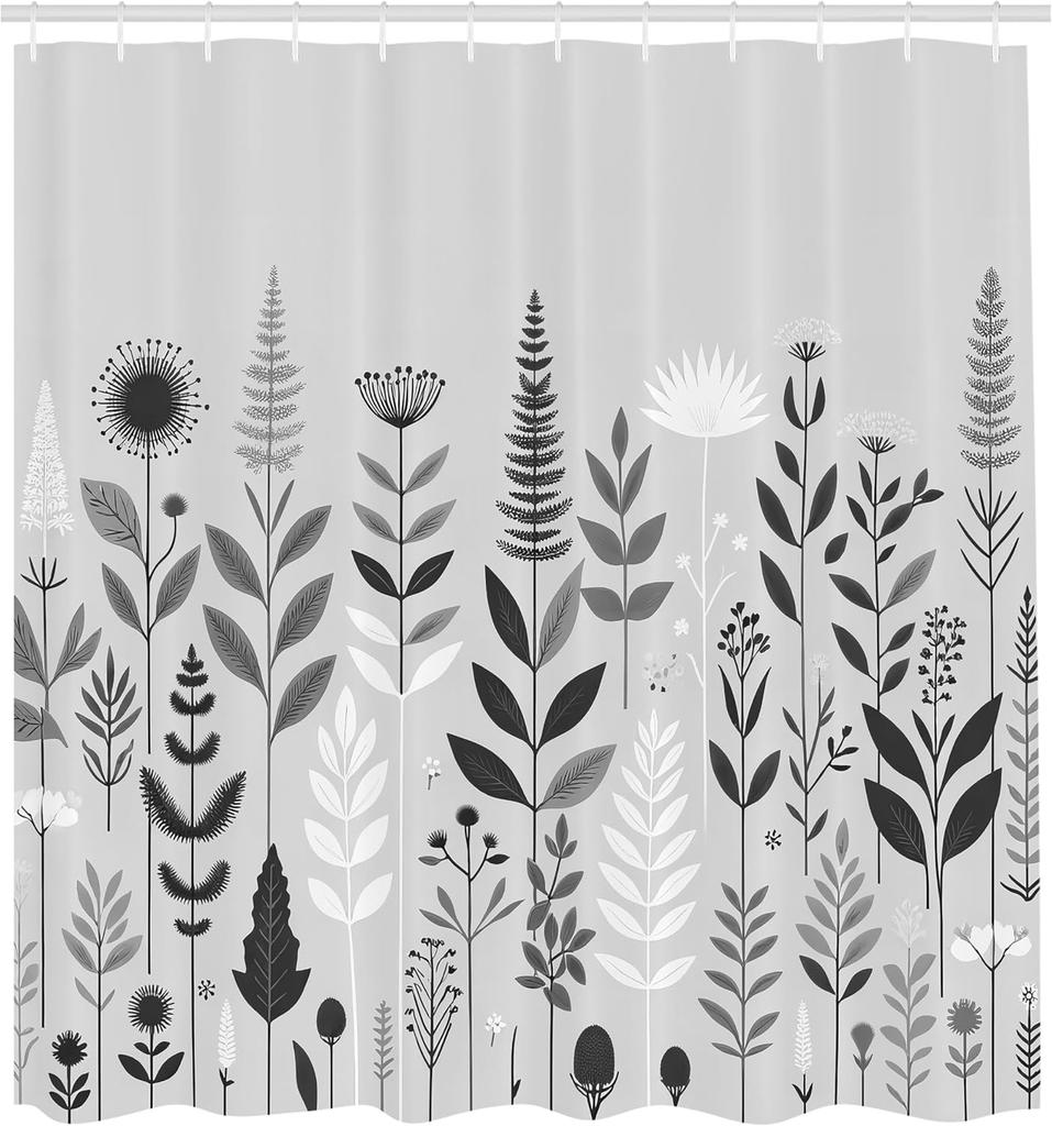 Grey Shower Curtain, Simple Botany Modern Interpretation Of Scandinavian Leaves And Flowers, Cloth Fabric Bathroom Dec