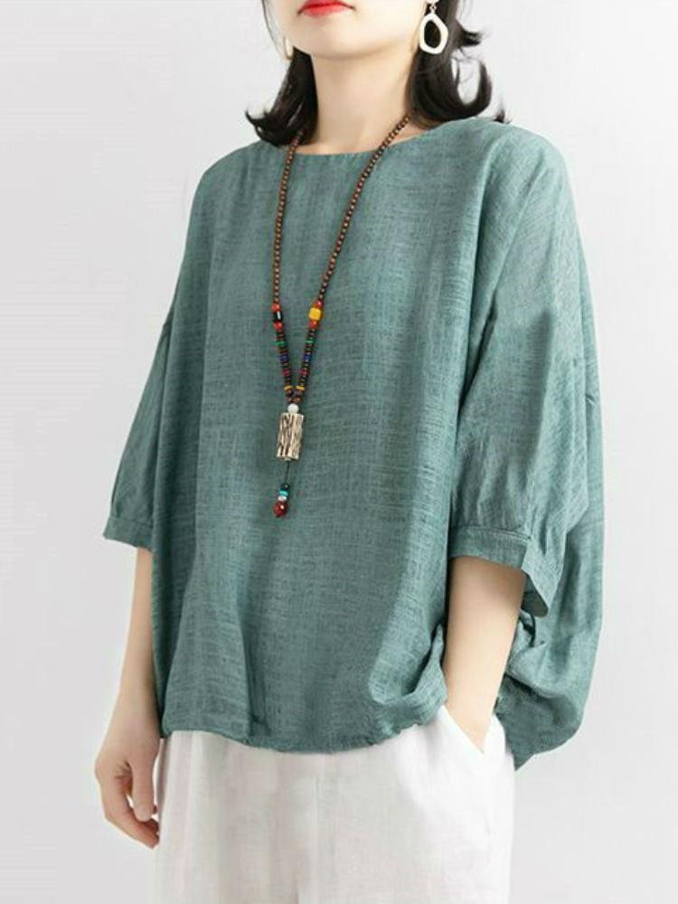 Summer oversized loose casual solid color imitation cotton and linen short sleeved T-shirt top half sleeved T-shirt