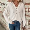Waffle Knit Pullover Women Fall Winter Top Hooded Loose Buttons Drawstring Hoodie Pure Color Long Sleeves Daily Wear Sport Blouse
