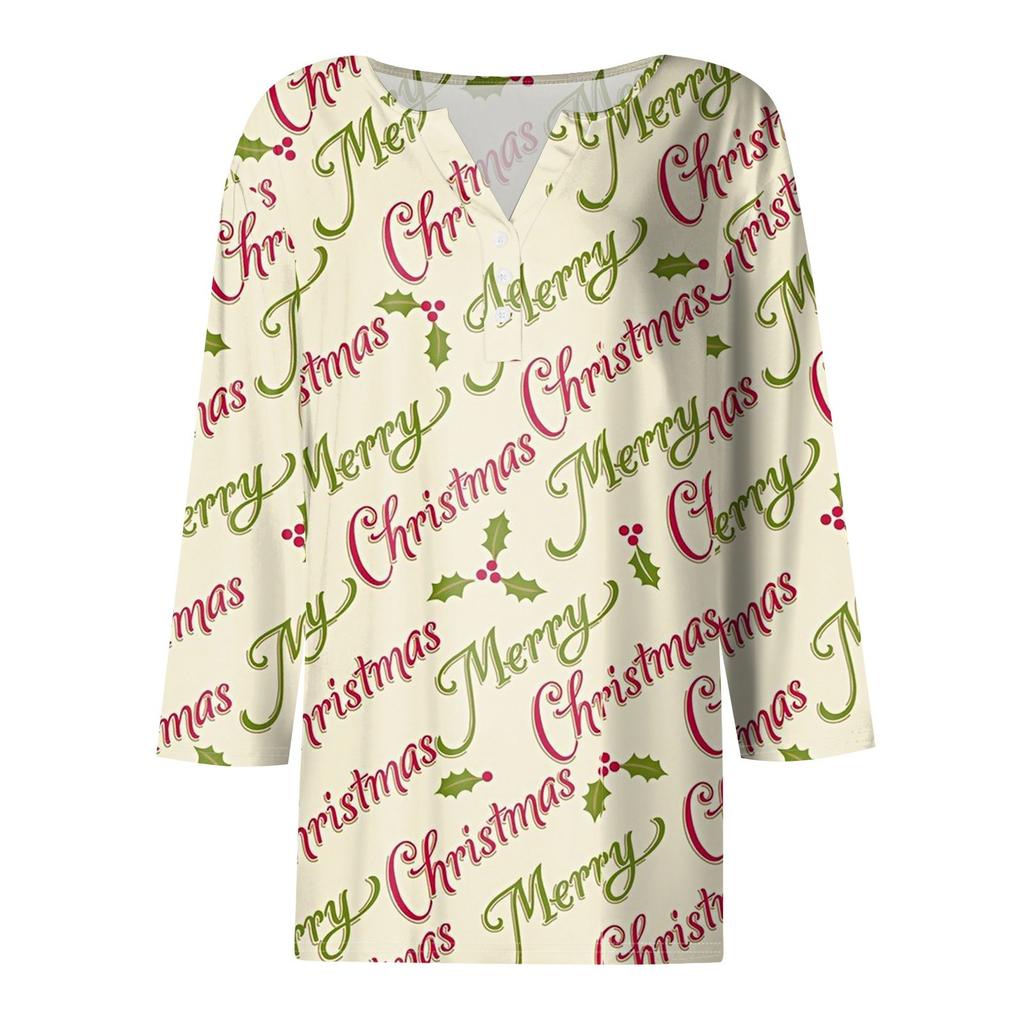 Women's T Shirt Tee Christmas Print Button 3/4 Sleeve Daily Weekend Fashion Basic V Neck Regular Top