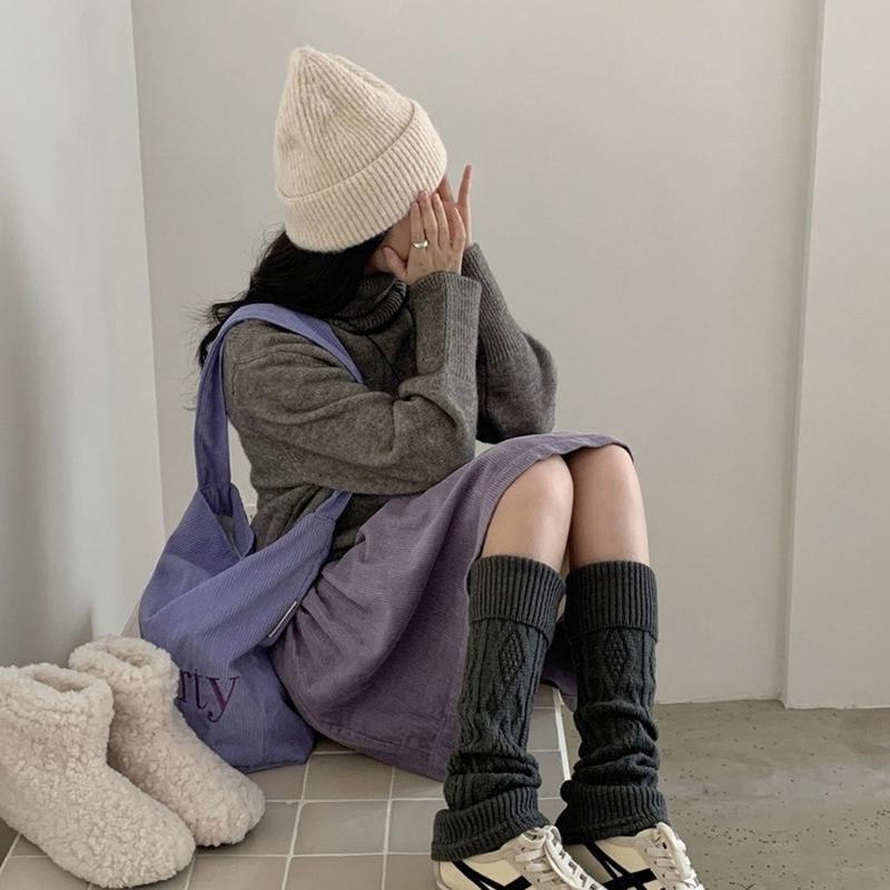 1 Pair Fashionable Women Cable Knitted Leg Warmers Calf Socks Solid Color Stretchy Boot Covers for Office and Casual Use