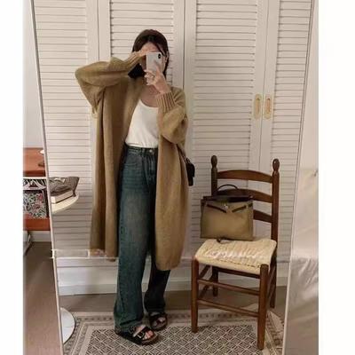Korean Lazy Wind Solid Color Knitted Cardigan Coat Women's 2025 Autumn and Winter Long Loose Versatile Sweater Jacket