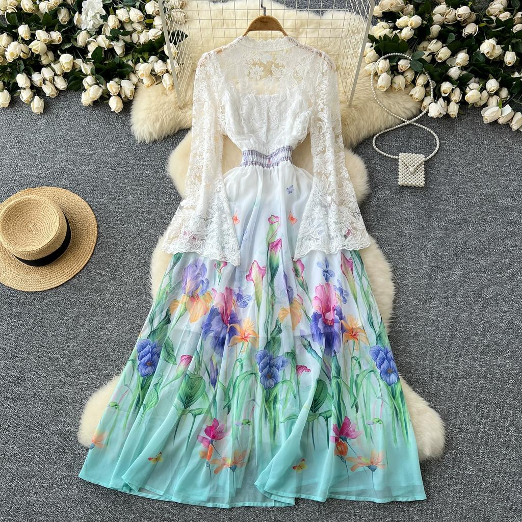 Frühling Herbst Frauen Elegante Spitze Flare Ärmel Tiefem V-Ausschnitt Print Lange Maxi Urlaub Party Kleider
