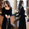 Square Neck Velour Retro Midi Dress - Elegant & Slimming Autumn/Winter 2025 Collection.