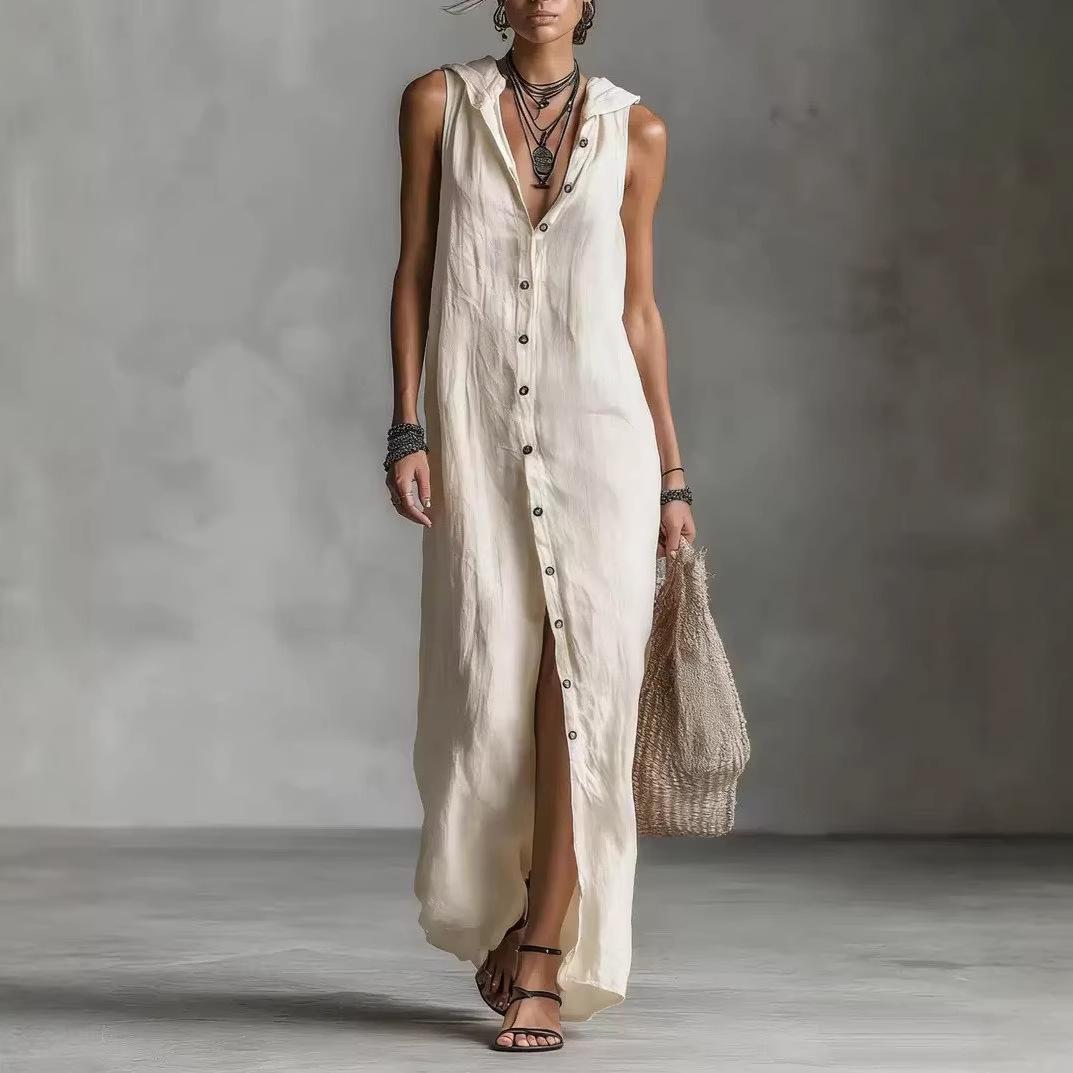 Women s Hooded Sleeveless Half Button Front Split Linen Blend Maxi Shirt Dress S