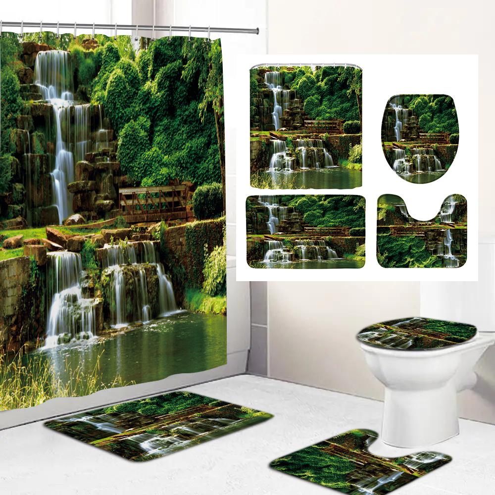 3D Natural Forest Landscape Printed Waterproof Fabric Bathroom Curtain Shower Curtains Set Anti-Skid Rugs Toilet Cover Bath Mat