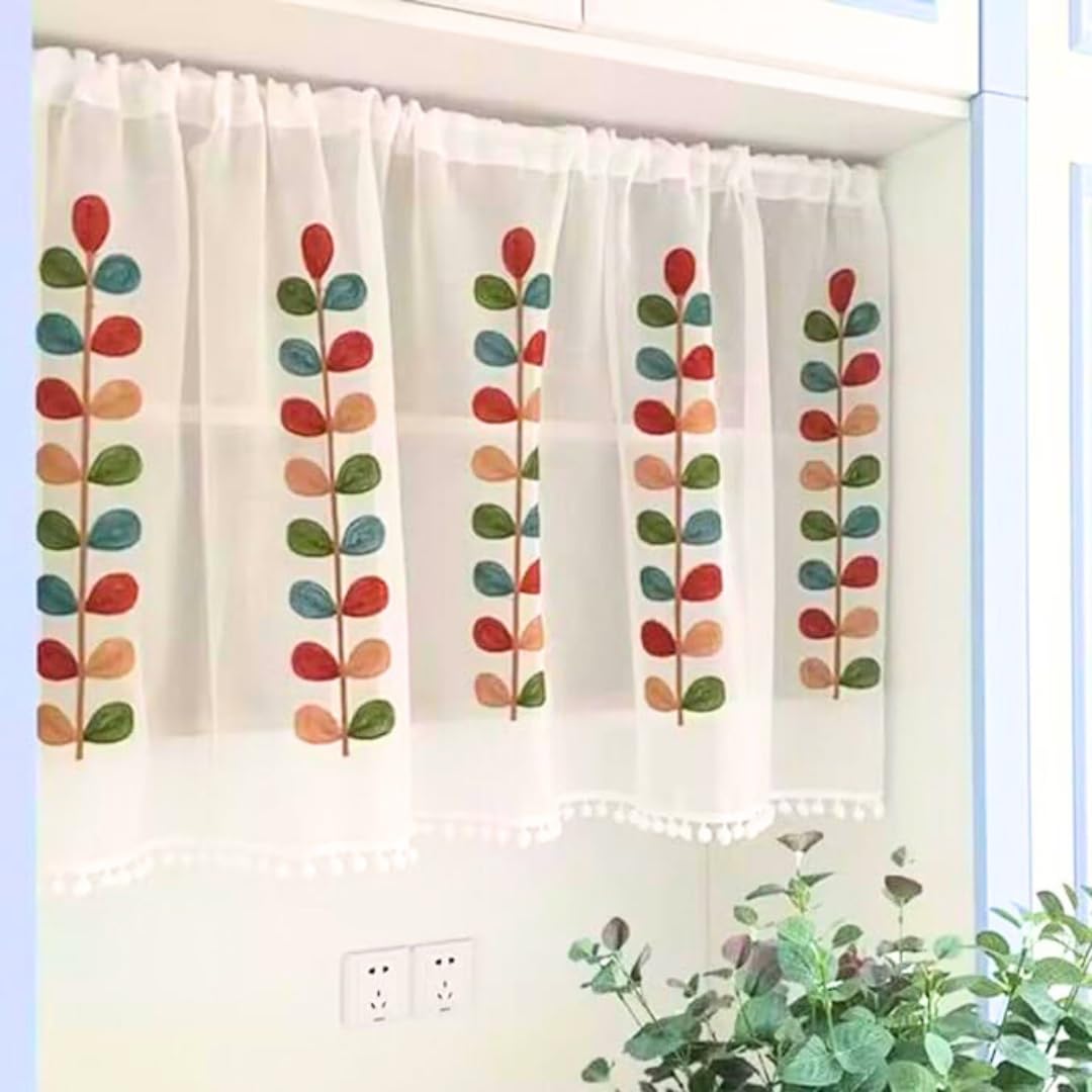 

KEIMY Cafe Elegant Embroidered Leaf Brightens Good Suitable for and Easy to Install with Tension Rods of 180cm Wide x 60cm Curtains, Design, Colorful, белый