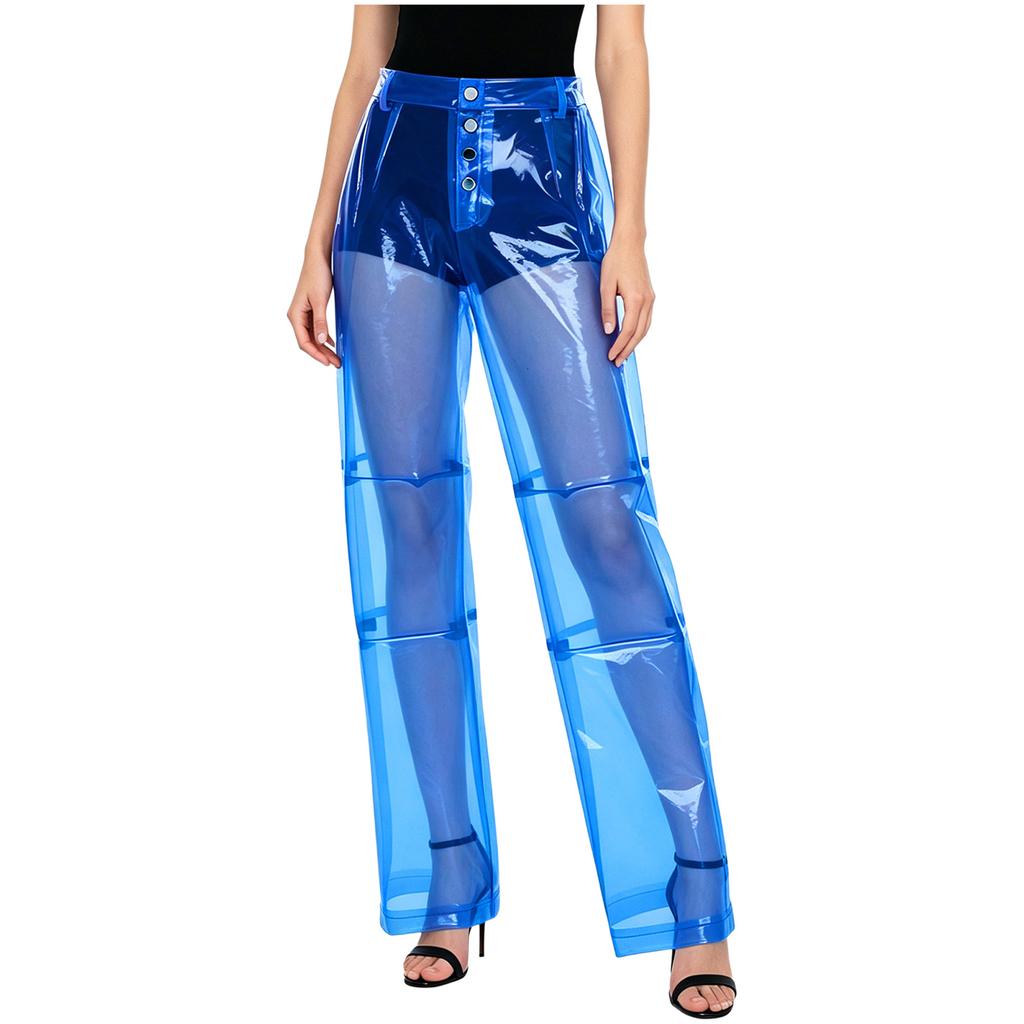 S-XXL Women See Through PVC Pants Button Waist Back Pockets Wide Leg Straight Trousers for Party Dancing Prom Cover Up