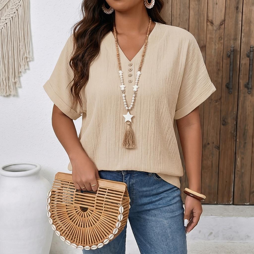 Women’s Short Sleeve V Neck Blouse with Button Loose Fit Tunic Top for Casual Daily Wear