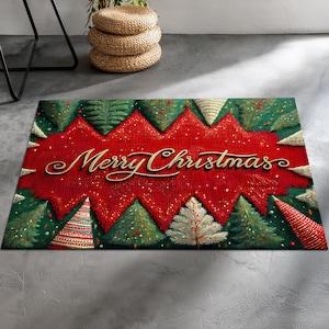 Christmas Tree Print Area Rug, 2026 Holiday Decor Mat with Merry Christmas Design for Xmas Home Gift