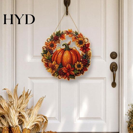 Party Decoration Accessory Fall Pumpkin Sunflower Wreath Hanging Decor, Acrylic Hand Painted High-Quality Material Window Ornament,