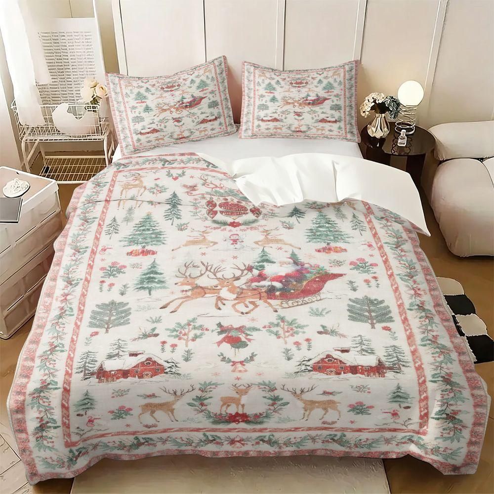 2/3Pcs Christmas Santa Reindeer Print Duvet Cover Set(1 Duvet Cover & 1/2 Pillowcase) Soft Holiday Bedding Set For Bedroom 155x200cm
