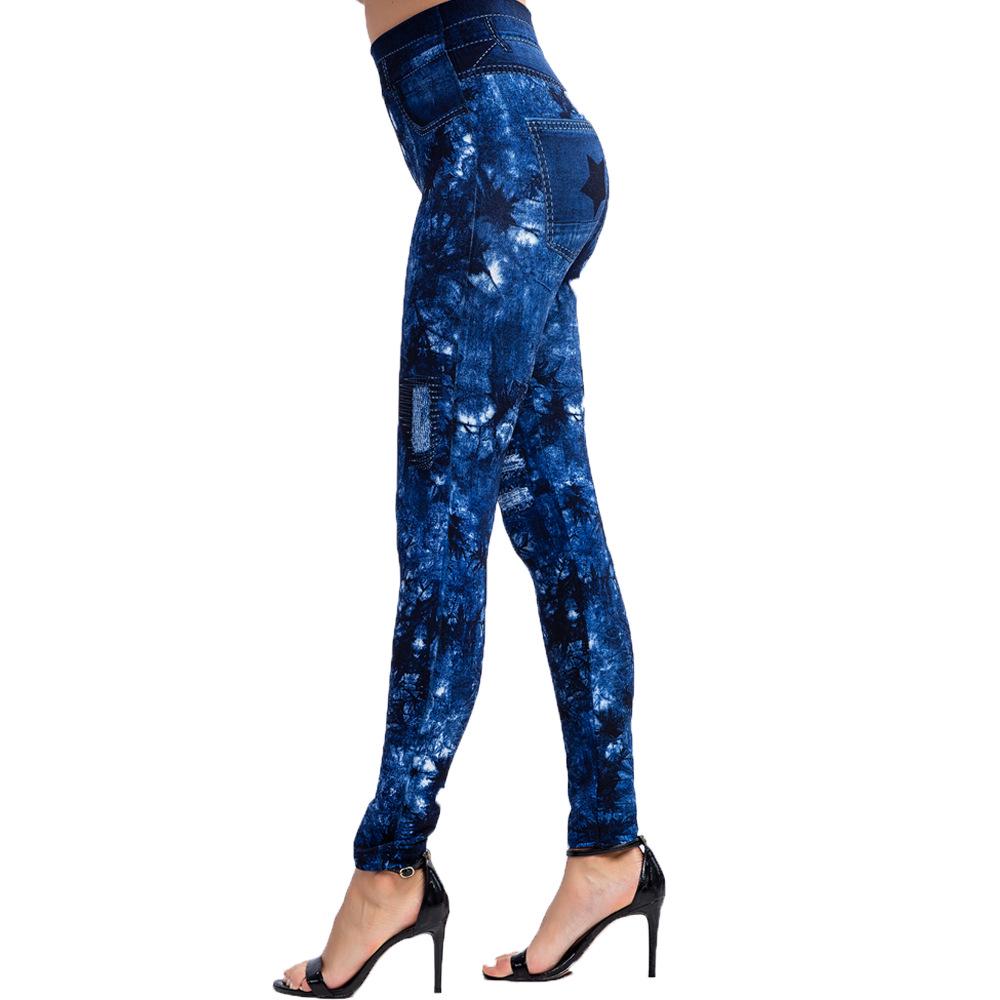 Leggings de mezclilla de imitación con estampado cómodo y transpirable de alta elasticidad para mujer.