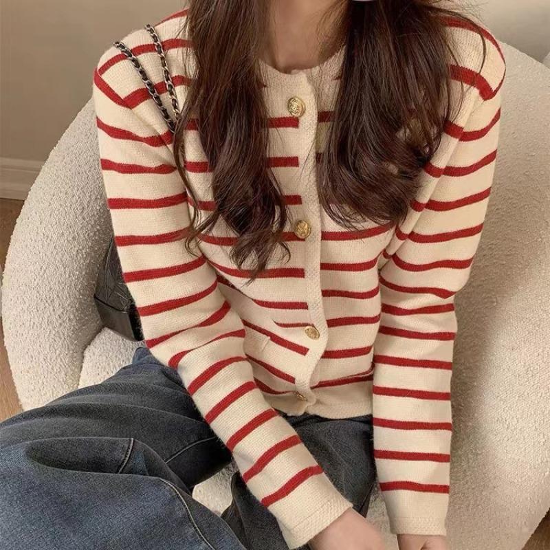 Striped jacket women's new loose casual lazy wind crew neck knitted sweater long sleeve cardigan sweater women