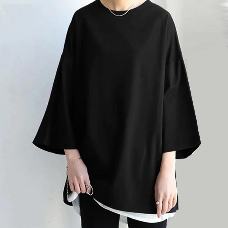 Women's Solid Color Round Neck Loose T-Shirt Simple Split Long Sleeve Plus Size Top