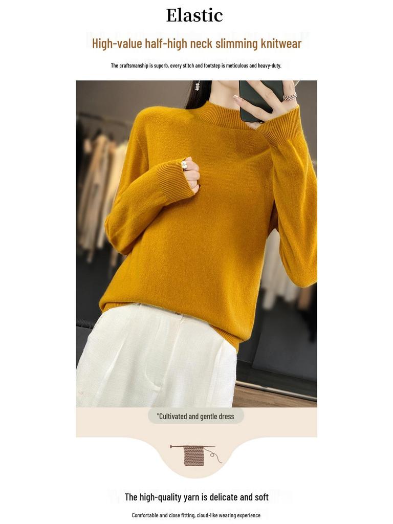 Pulover tricotat fără cusături pentru începutul toamnei, cu mâneci lungi și gât semi-înalt