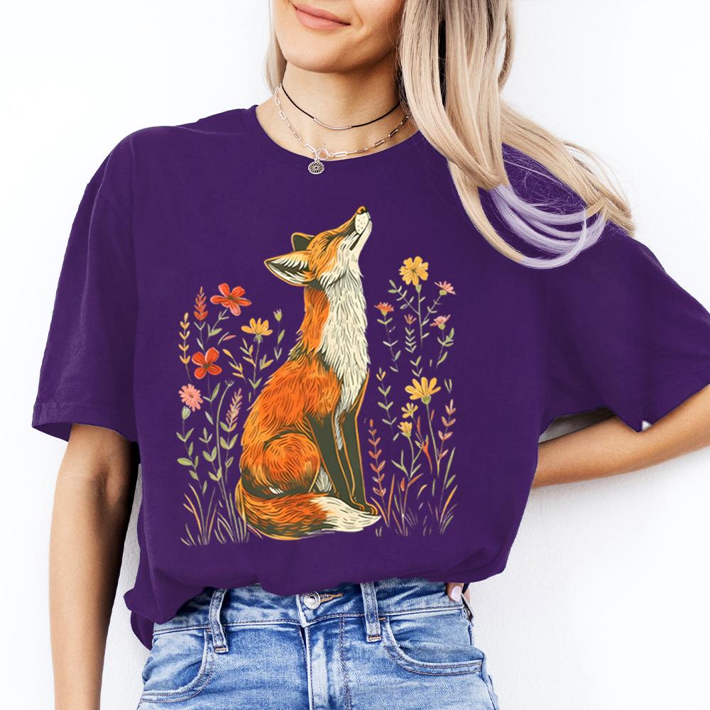 Vintage Wildflower Fox Comfort Shirts Light Academia Cottagecore Forestcore Whimsical Shirt Casual Daily Y2K Top Streetwear