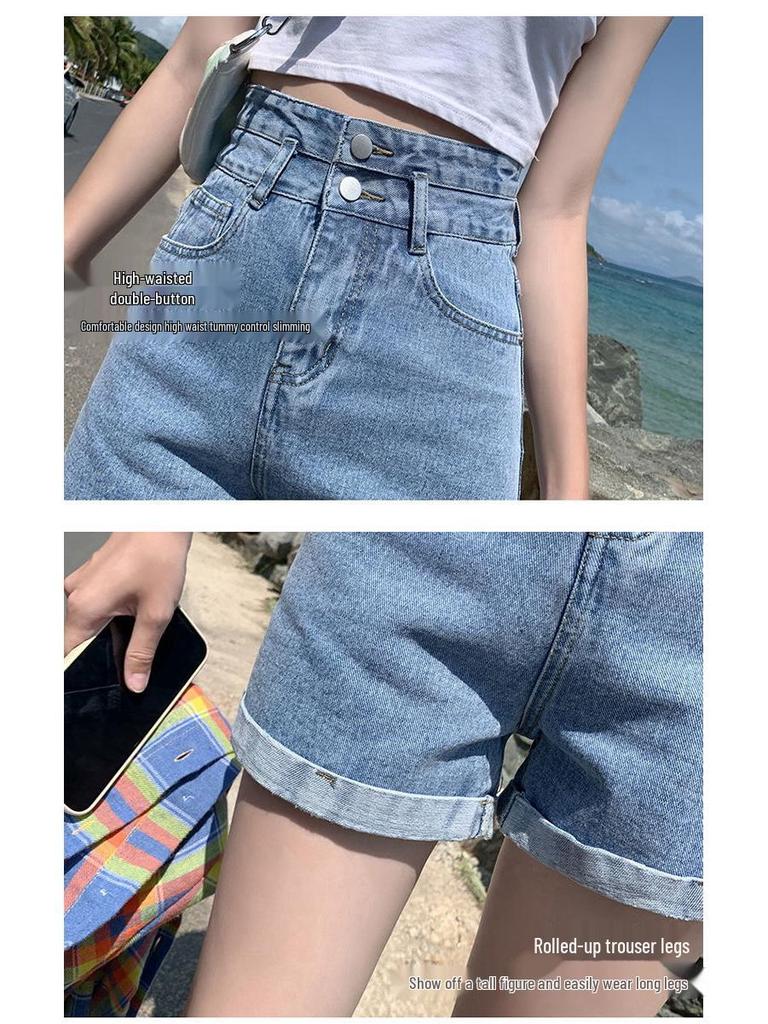 Women's High Waist A-Line Denim Shorts - Summer Straight Leg, Double Button, Loose Fit with Rolled Hem, Trendy Wide Leg Design
