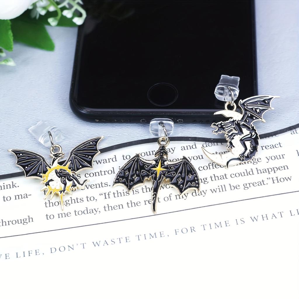 Mobile Phone Dust Plug, Fashionable Black and White Moon, Flying Dragon Bat Wing Pendant Mobile Phone Dragon Series Style, Ideal Best Gift, Halloween