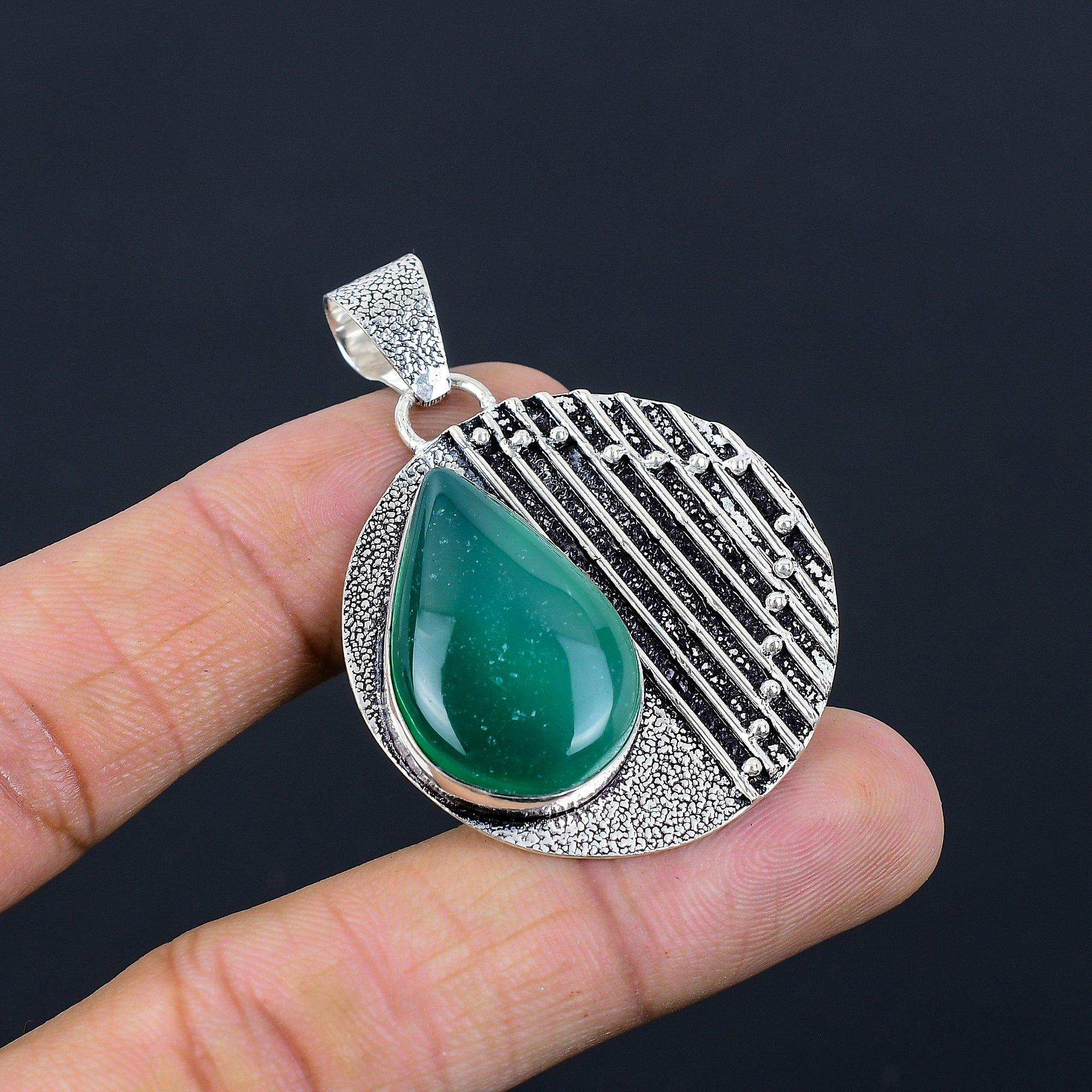 Womens day Deal 925 Sterling Silver Pear Natural Green Onyx Wife Pendant Jewelry