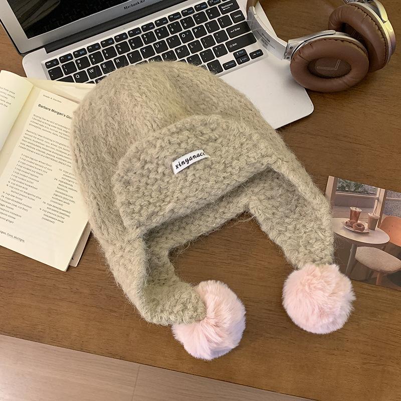 Cute green knitted hairball ear protection hat women's autumn and winter Korean flying hat wool hat warm Lei Feng hat tide