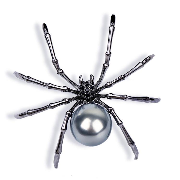 Korean Style Black Spider Imitation Pearl Brooch for Women - Retro Jewelry Accessories