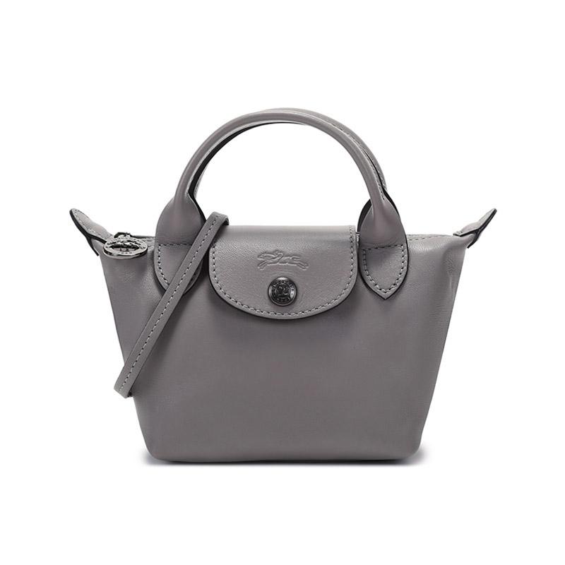 Longchamp Le Pliage Cuir Minimalist Fashion Solid Color Lambskin Dumpling Bag Tote Shoulder Crossbody Mini Women bags Dove-Gray 10147757P55