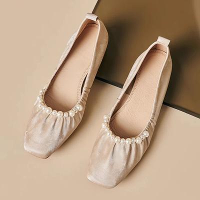 Damen Einzelne Schuhe Sommer Neu Niedriger Absatz Quadratische Zehenpartie Perlenbesatz Tanzschuhe Lässig Mode Leichte Weichsohlige Oxford Schuhe