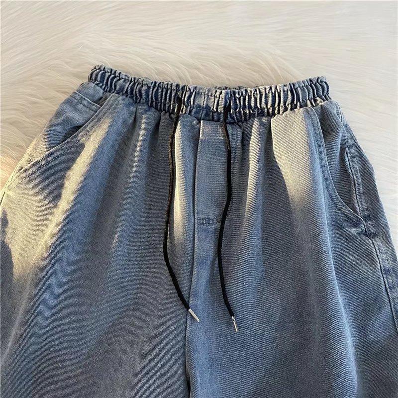 Japońskie Vintage Szorty Jeansowe do Prania Męskie Letnie Luźny Krój Szeroka Nogawka Spodnie Plażowe Sportowe Casualowe Szorty Średniej Długości