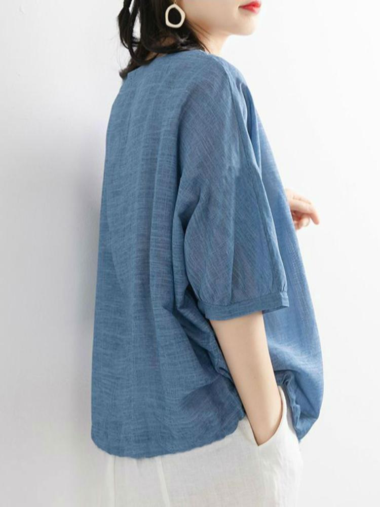 Summer oversized loose casual solid color imitation cotton and linen short sleeved T-shirt top half sleeved T-shirt
