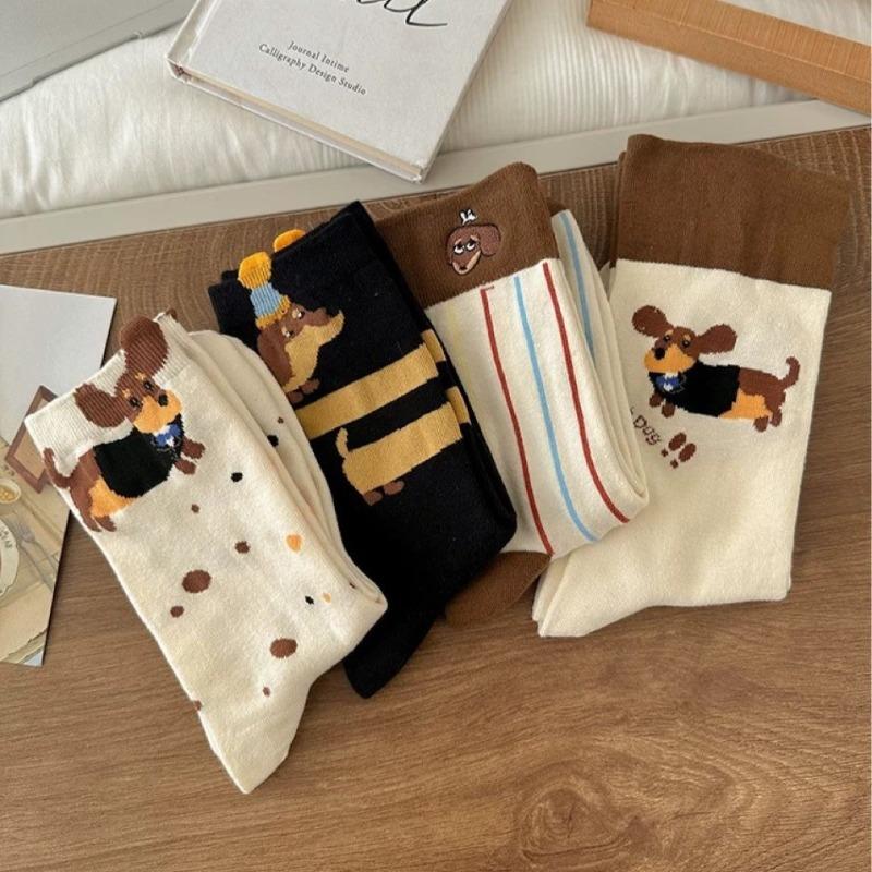 Autumn and Winter Versatile Three-dimensional Cartoon Socks for Women, Pure Cotton Colorful Dot Striped Fringed Dachshund Mid-calf Socks in Trend