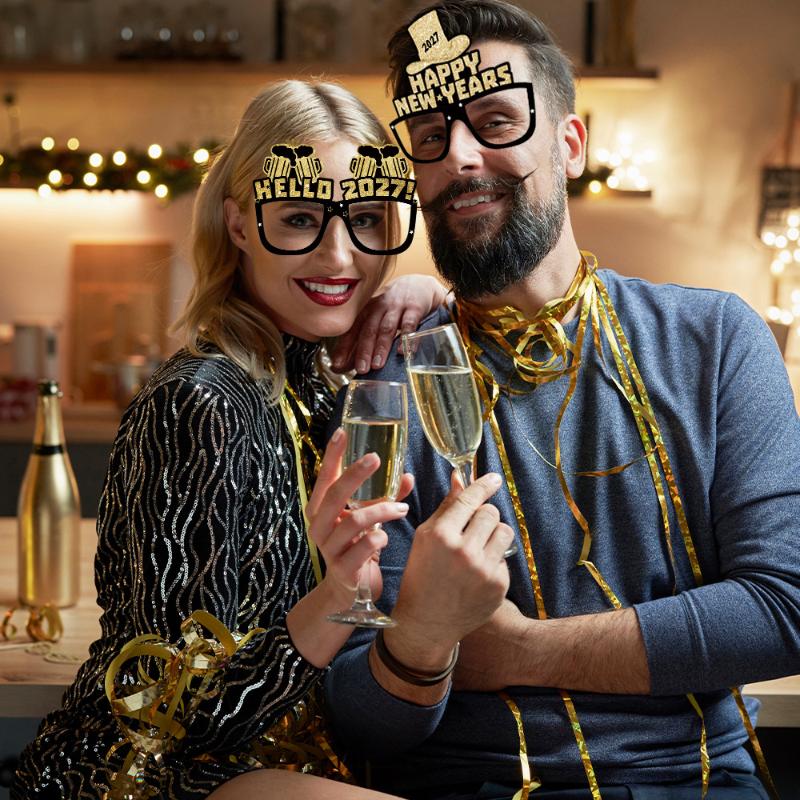 6/12/18Pcs 2027 Happy New Year Party Paper Glasses Black Gold Glitter For New Years Eve Gatherings Photo Booth Props