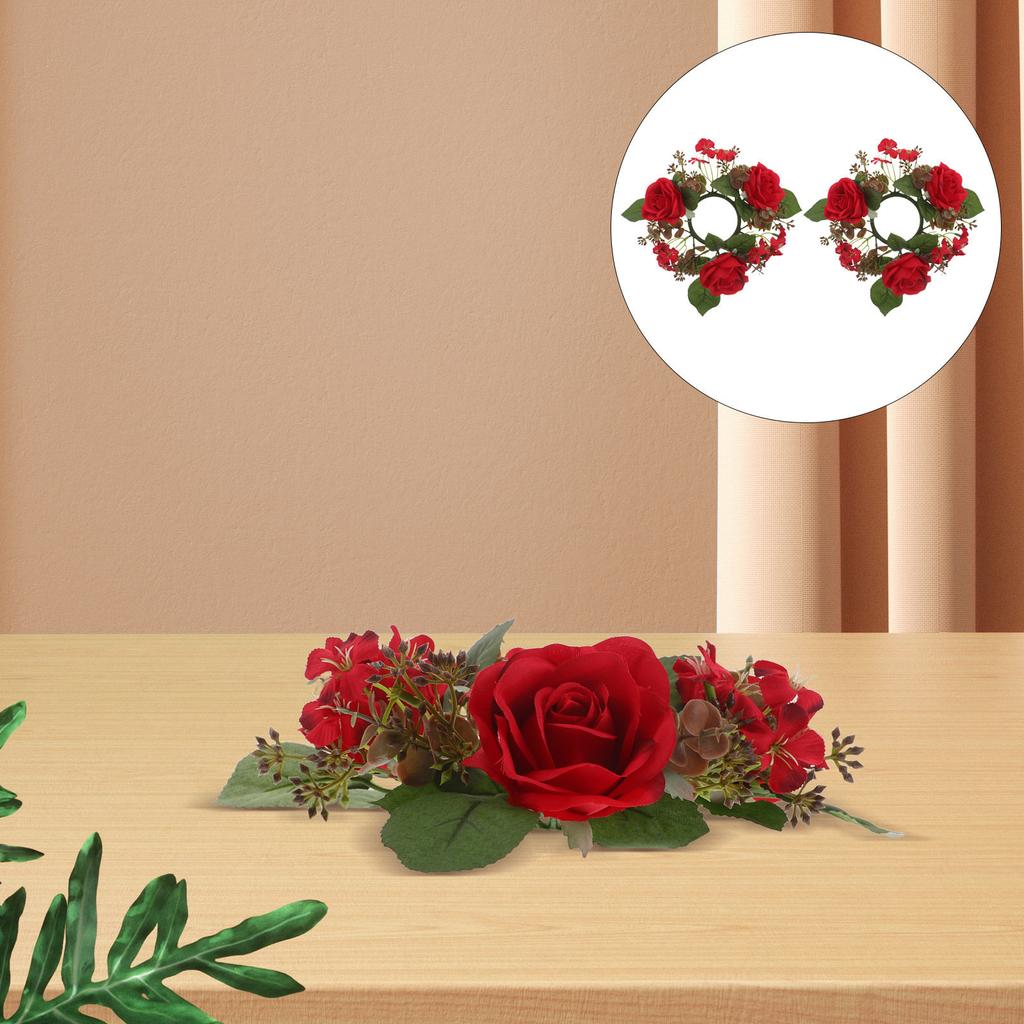 2Pcs Rose Rings Artificial Flower Wreaths with Greenery Garland Floral Pillar Centerpiece Wedding Home Party Table Decor