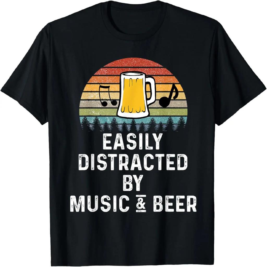 Easily Distracted By Music & Beer Retro Vintage Lover Gift T-Shirt