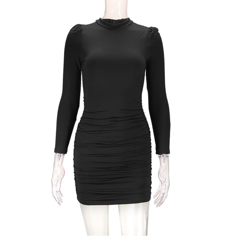 Slim Fit Puff Sleeve Bodycon Dress - Sexy Mid-Length Long Sleeve