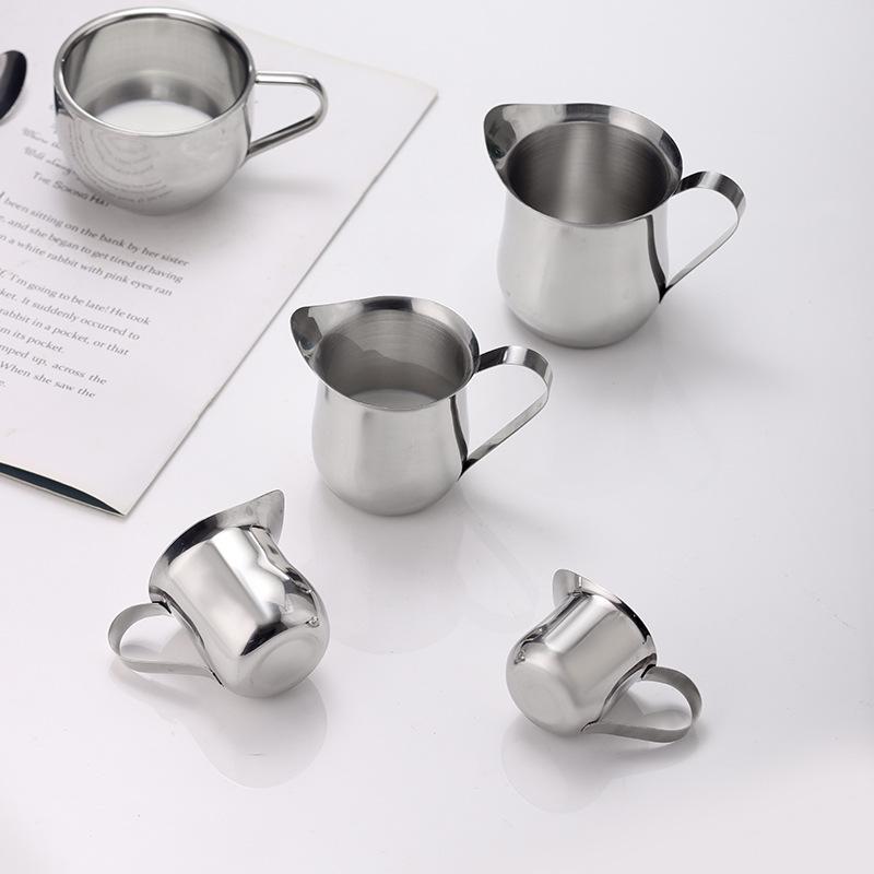 Set of 4 Stainless Steel 3 oz Milk Creamer Cups with Pointed Spout, 90ml Latte Art Cups for Coffee Mixing.