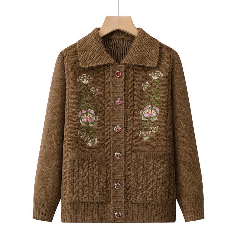 Dicker Strick-Cardigan für ältere Frauen: Oma-Stil, Pullover mit Kragen für Herbst und Winter.