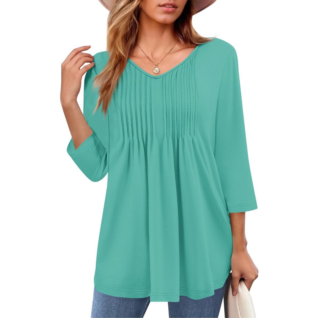 Bluzki damskie z dekoltem w serek, z rękawami trzy czwarte, w paski, plisowane, na co dzień, na lato, modne bluzki koszulowe