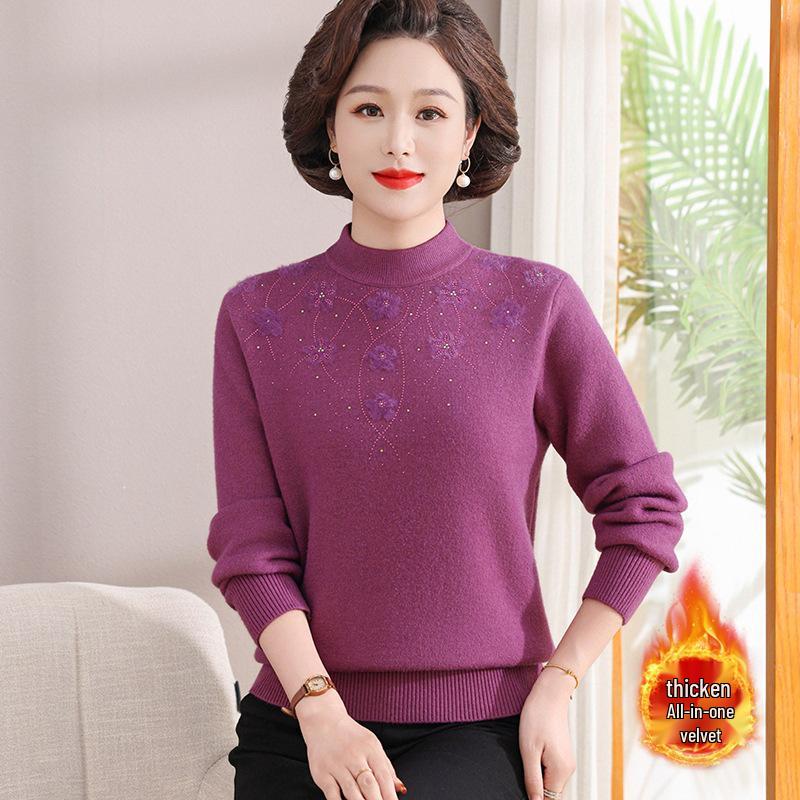 Mom's Velvet One-Piece Winter Base Layer Top for Middle-Aged & Elderly Women - Warm, Plus Velvet, Thick Knit