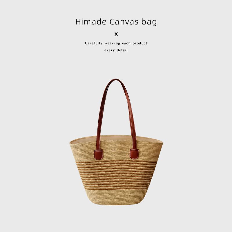 

Himade French Pastoral Style Straw Woven Bag Women s Summer Large Capacity Shoulder Bag Seaside Vacation Bucket Tote Bag Beige
