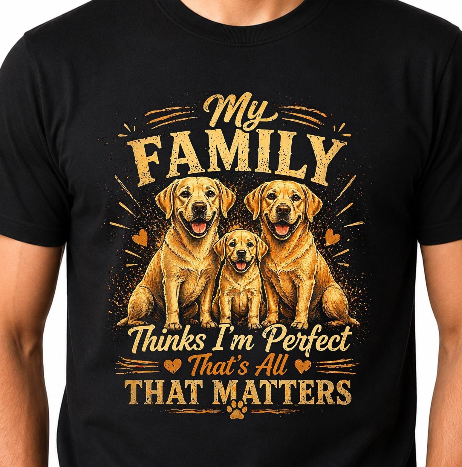 Labrador T-Shirt My Family Thinks I m Perfect Dog Lover Lab Puppy Graphic Tee. XL