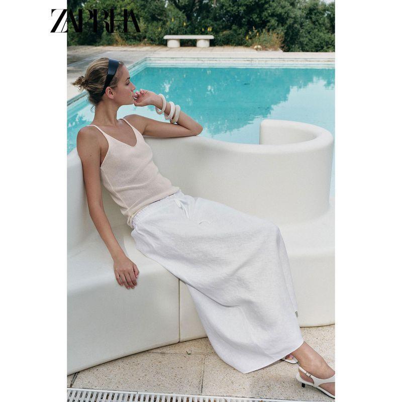 Zaprha 2025 Summer New Multi-Color All-Match Linen Mid-Waist Midi A- line Skirt 4786111